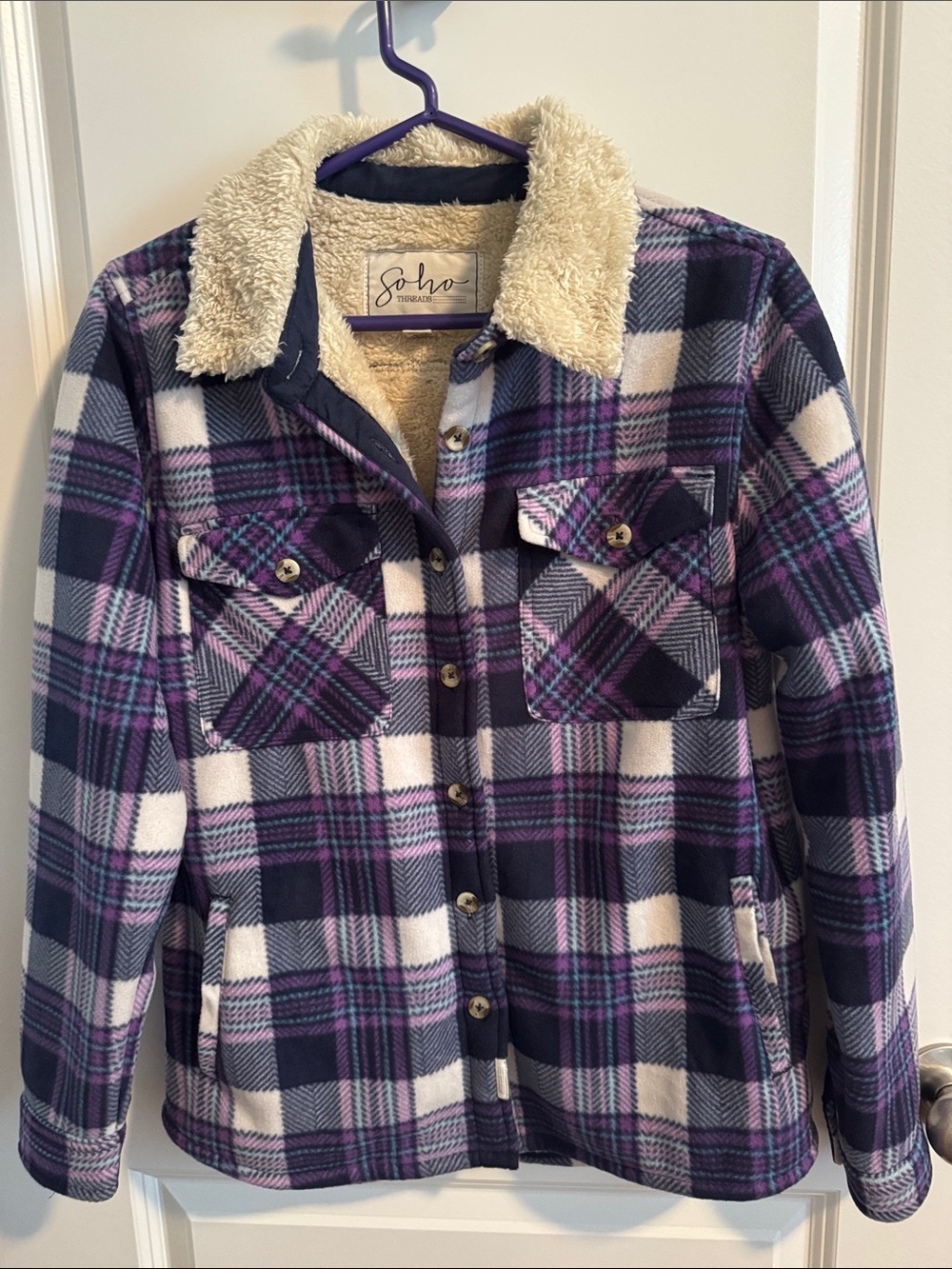 Soho Threads Plaid Teddy-Lined Shacket in Purple and White